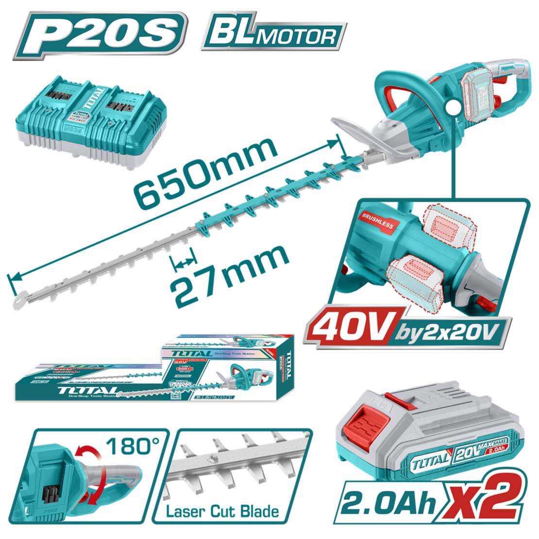 TOTAL - TRIMMER PENTRU TUNS GARD VIU - LI-ION - 40V (INCLUDE ACUMULATOR SI INCARCATOR)