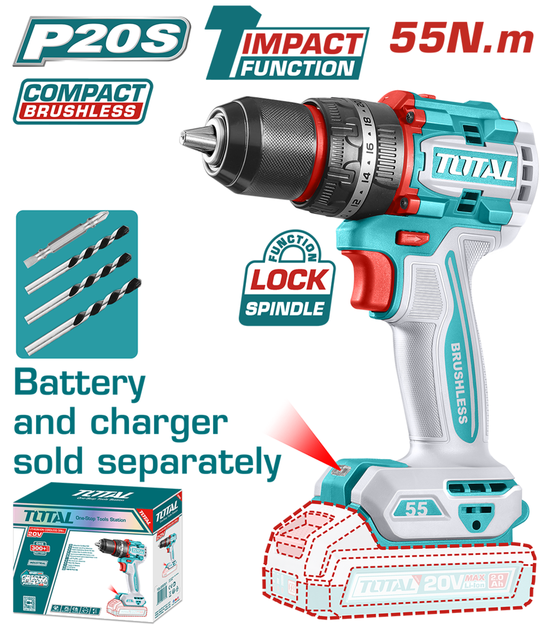TOTAL - MASINA DE GAURIT CU PERCUTIE - 20V - 55N.m MOTOR FARA PERII (NU INCLUDE ACUMULATOR)