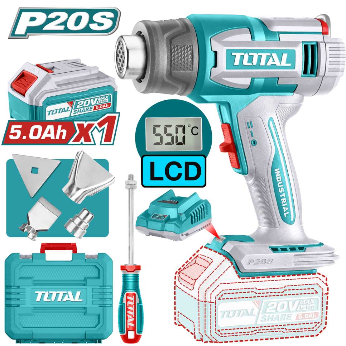 TOTAL - SUFLANTA CU AER CALD - 20V (INCLUDE ACUMULATOR 5.0Ah SI INCARCATOR)
