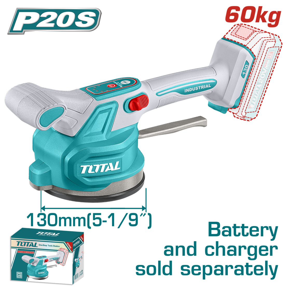 TOTAL - VIBRATOR CU VENTUZA PENTRU PLACI CERAMICE 20V (NU INCLUDE ACUMULATOR)