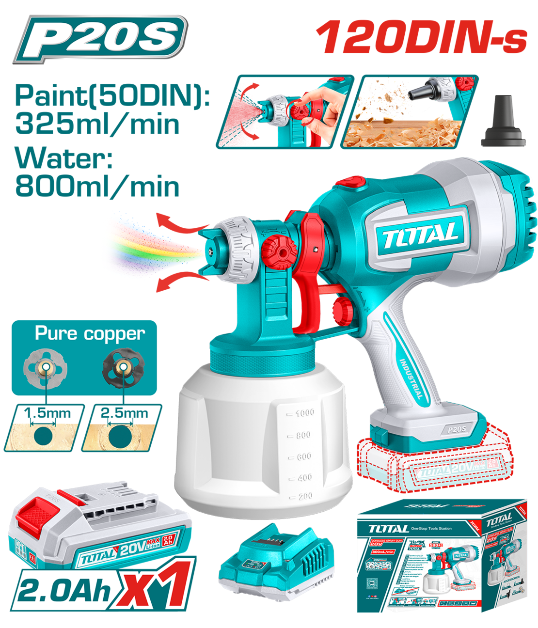 TOTAL - PISTOL DE VOPSIT - 1000ML - LI-ION - 20V (INCLUDE ACUMULATOR SI INCARCATOR)