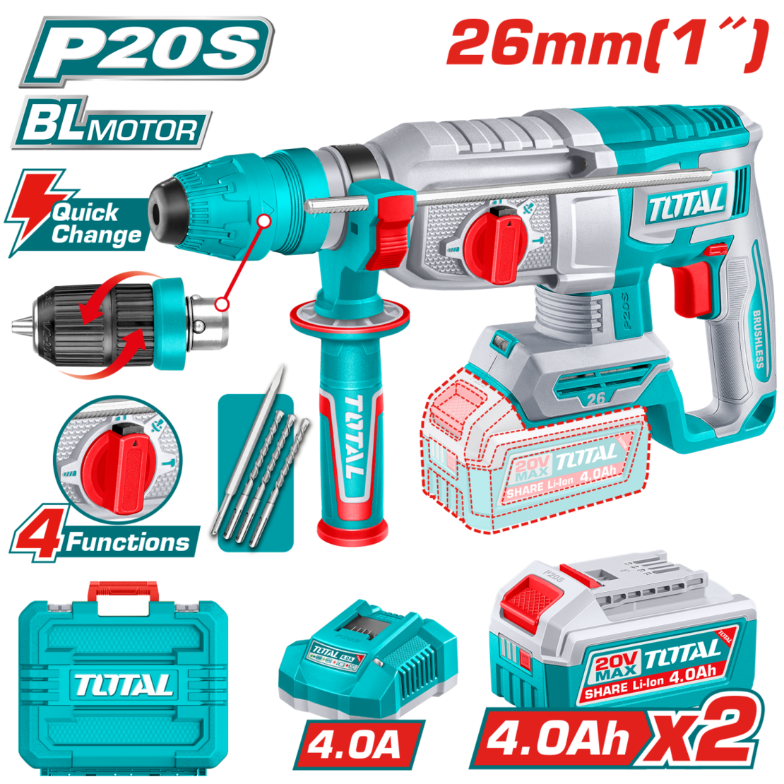 TOTAL - CIOCAN ROTOPERCUTOR - 2.5J - LI-ION - 20V - MOTOR FARA PERII (INCLUDE 2 ACUMULATORI, INCARCA