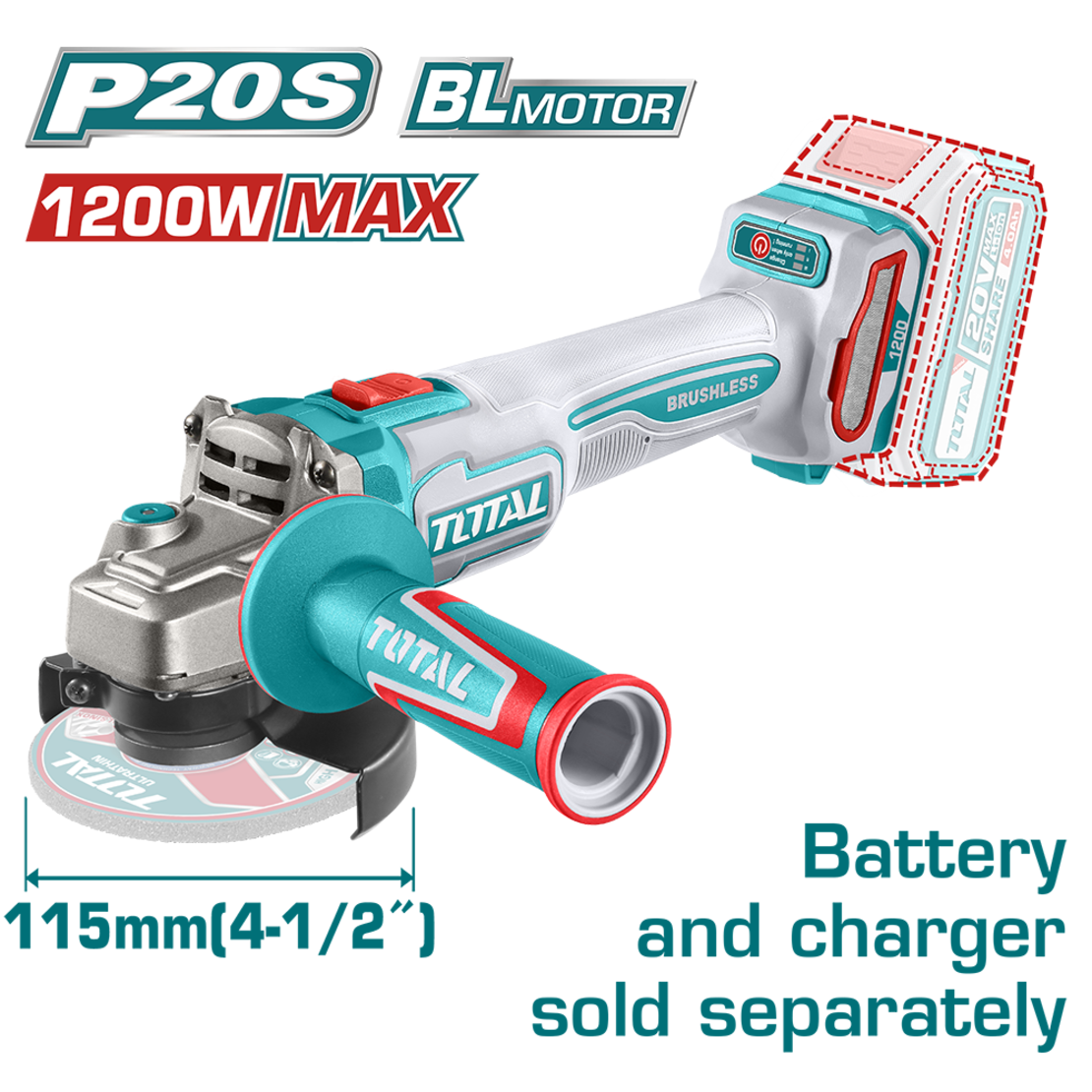 TOTAL - POLIZOR UNGHIULAR - 115MM - 20V - MOTOR FARA PERII (NU INCLUDE ACUMULATOR)