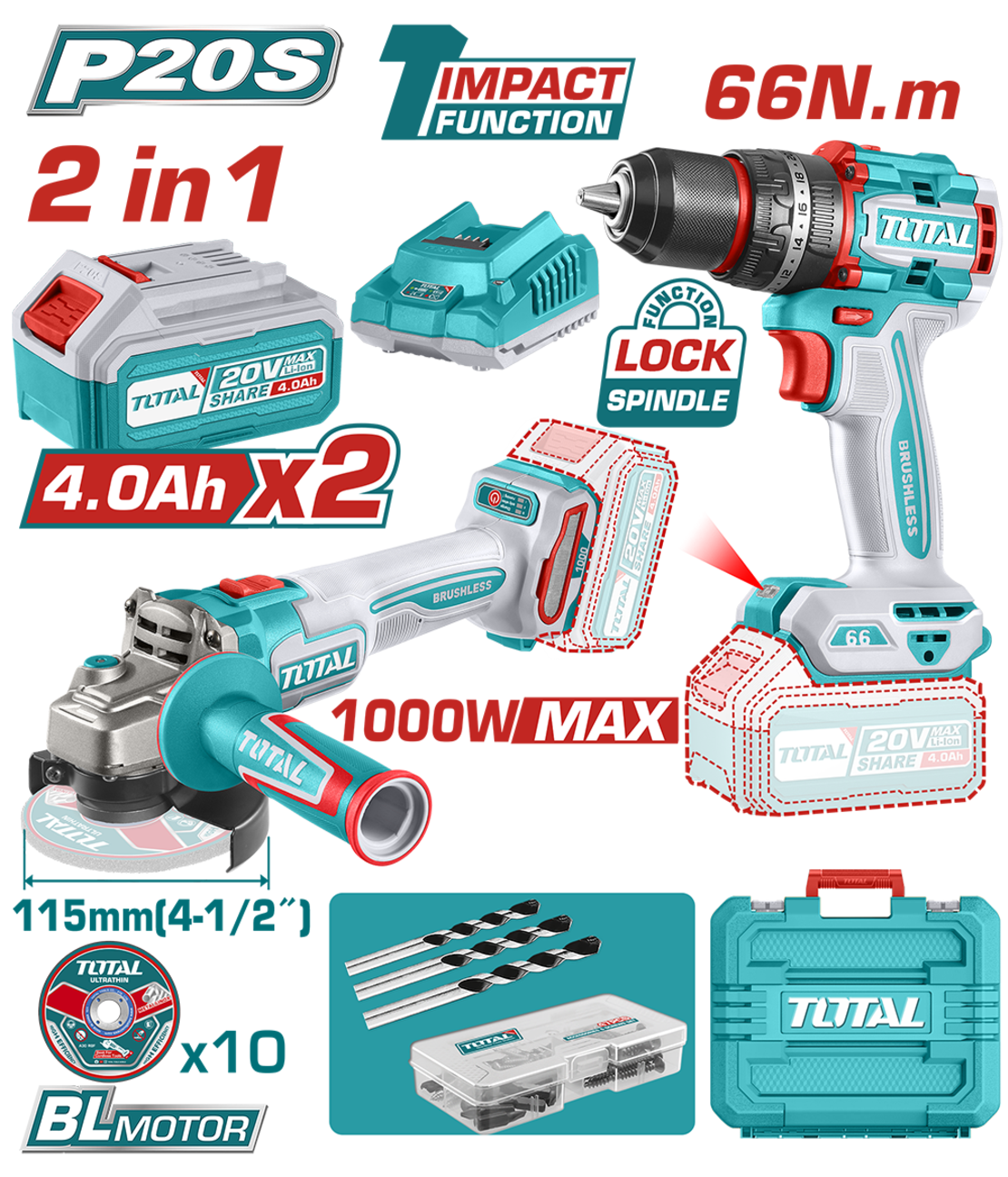 TOTAL - KIT COMBO - 20V - 4.0Ah- MASINA DE GAURIT CU IMPACT, POLIZOR UNGHIULAR (INCLUDE 2 ACUMULATOR