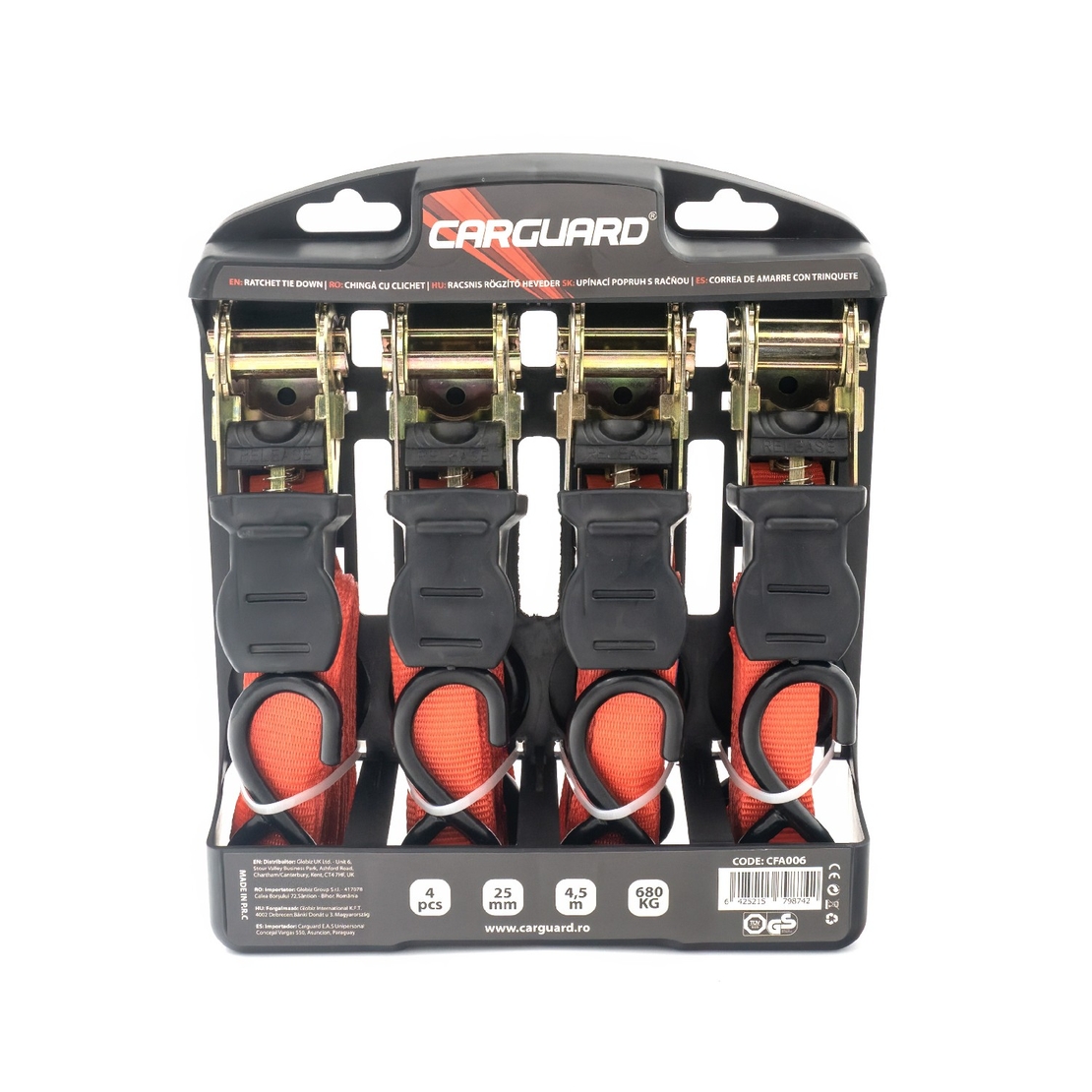 Set 4 chingi cu clichet, rezistent la 680 kg/chinga, TUV/GS – 25 mm × 4.5 m – 680 kg - Carguard - calitate si siguranta garantata!