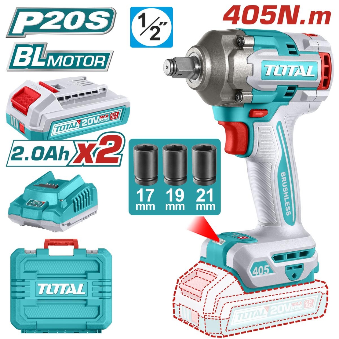 TOTAL - MASINA DE INSURUBAT CU IMPACT CU ACUMULATOR - 20V - 2.0AH - LI-ION (INCLUDE 2 ACUMULATORI,1