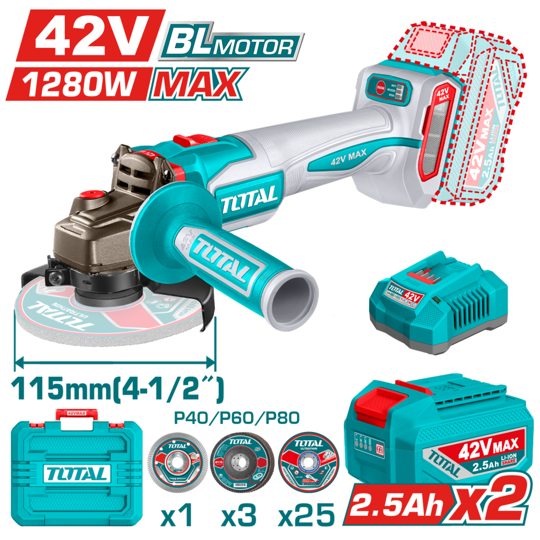 TOTAL - POLIZOR UNGHIULAR - 115MM - 42V - 1280W (INCLUDE 2 ACUMULATORI, 1 INCARCATOR)