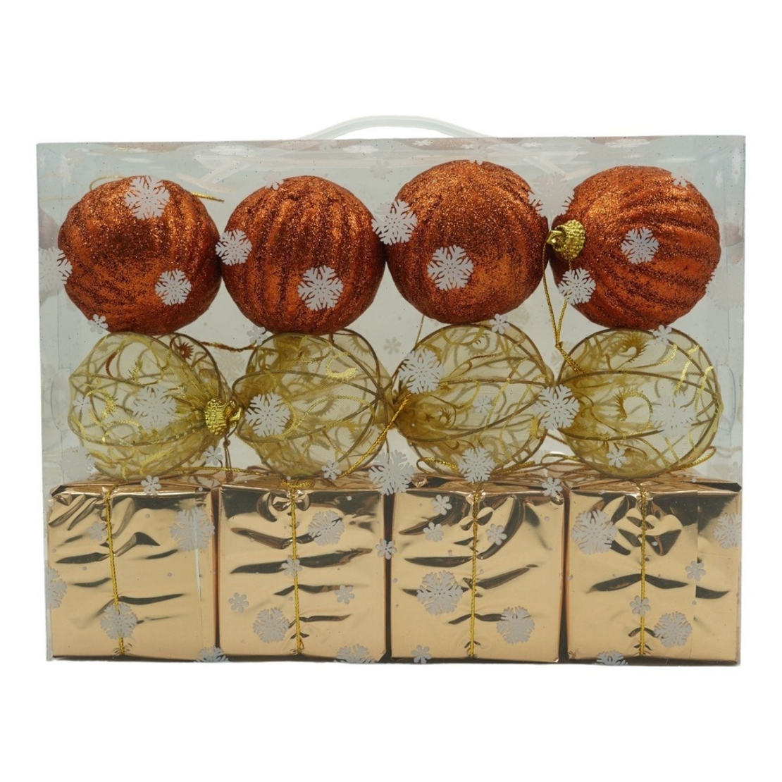 Set de 12 ornamente de brad, Flippy, de tip Glob, Cupru/ Auriu, din polistiren, cu finisaj sclipitor , cutie 6 cm adancime x 23 cm lungime x 18 cm inaltime