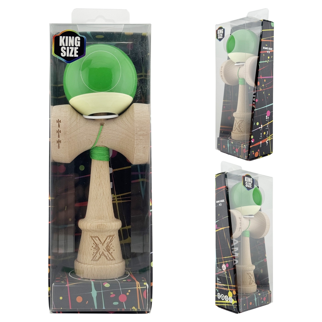Kendama X Originala, Profesionala, Flippy, Super Sticky cu Cupe Mari KING SIZE V3, Gaura in Baza, Rulment Metalic, din lemn 18 cm, Ata 62/65 cm, Bicolor Verde/Alb