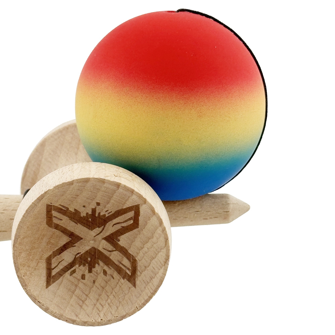 Kendama X Originala, Profesionala, Flippy, Cupe Mari KING SIZE V3, Rubber Grip, Gaura in Baza, Rulment Metalic, din lemn 18 cm, Ata 62/65 cm, Gradient Rosu/Galben/Albastru