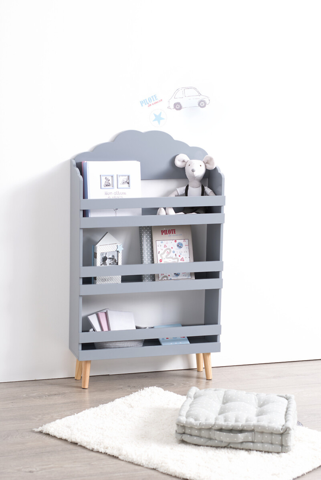 Biblioteca copii Atmosphera Nuage din MDF cu 3 rafturi si picioare din lemn, 58x100 cm, gri
