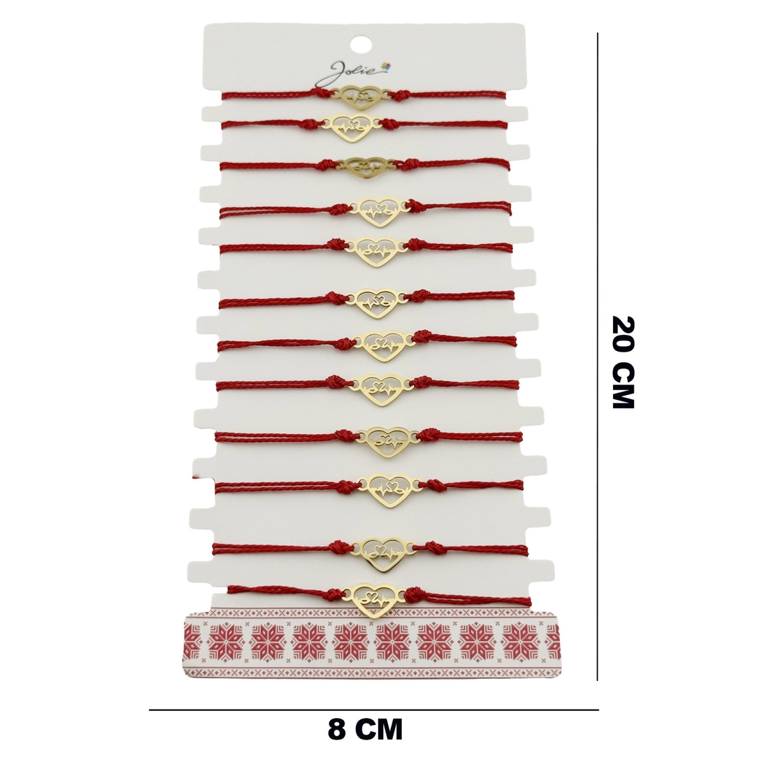 Bratara Martisor pentru Dama, Jolie, Model Inima, Set 12 bucati, Pandativ din Inox Auriu, Snur Ajustabil Impletit, Rosu