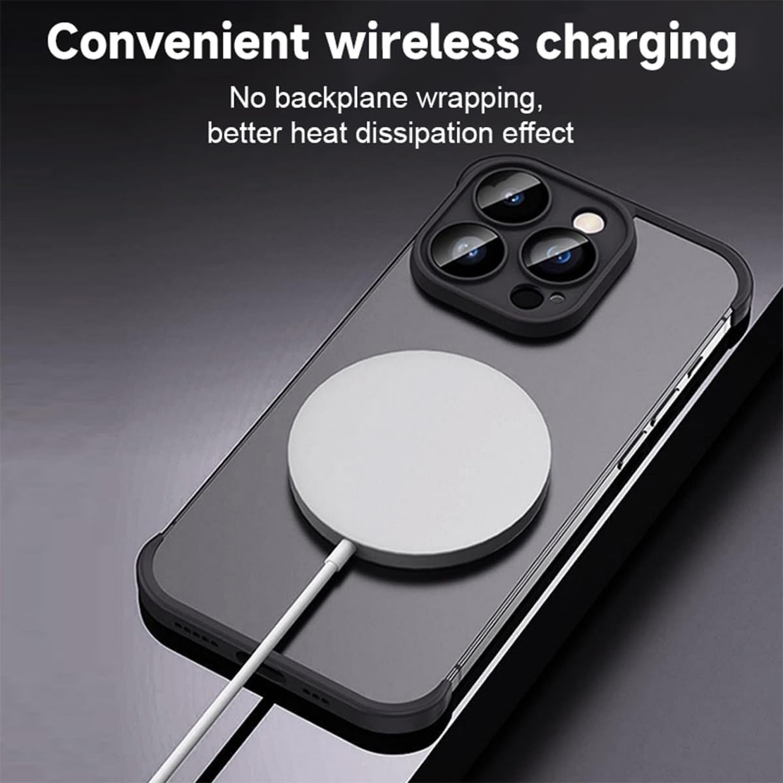 Husa Metalica Edgeless Compatibila cu iPhone 15 Pro, Vafy, Protectie pentru Colturi si Camera, Aliaj, Antisoc, Antizgariere, Negru Metalizat