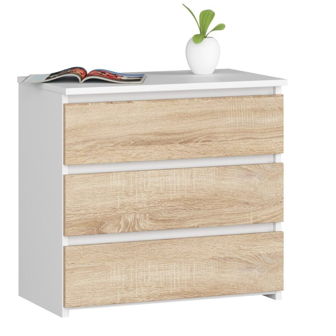 Noptiera cu 3 sertare, PAL laminat 16 mm, 60x35x57 cm, alb si stejar sonoma
