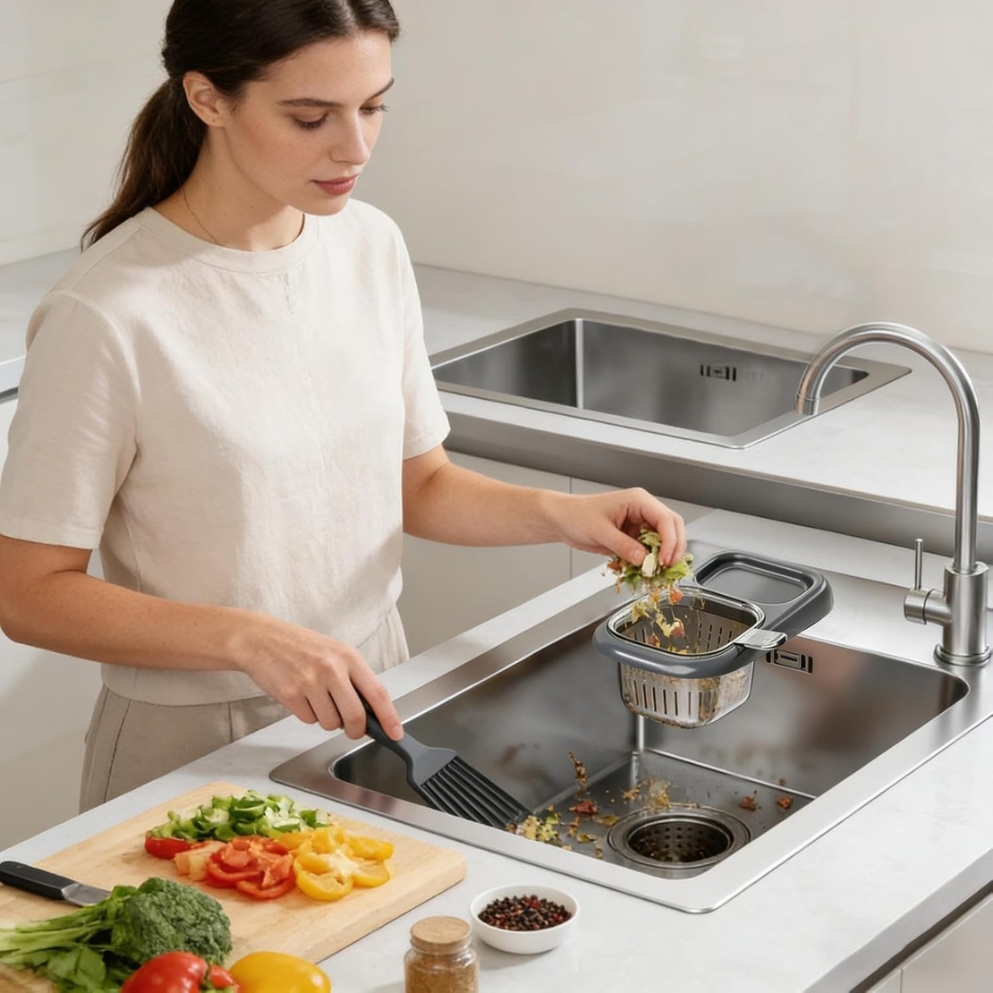 Cos de Scurgere pentru Chiuveta, Vafy, din ABS, cu Maner si Ventuza, Multifunctional, 22 x 13 x 8.5 cm, Gri