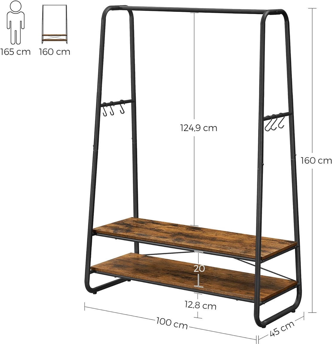 VASAGLE Raft pentru haine cu suport pentru pantofi, 2 polite, 6 carlige laterale, 45x100x160cm, maro rustic