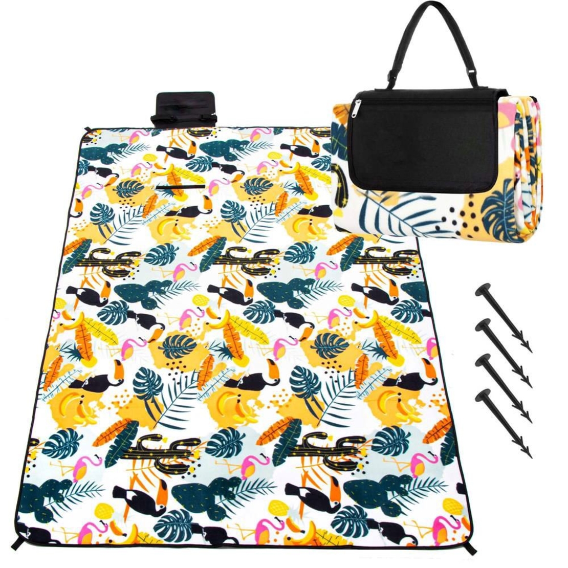 Patura pentru picnic sau plaja, cu folie izolatoare si maner, 150x200cm, model tropical, alb verde