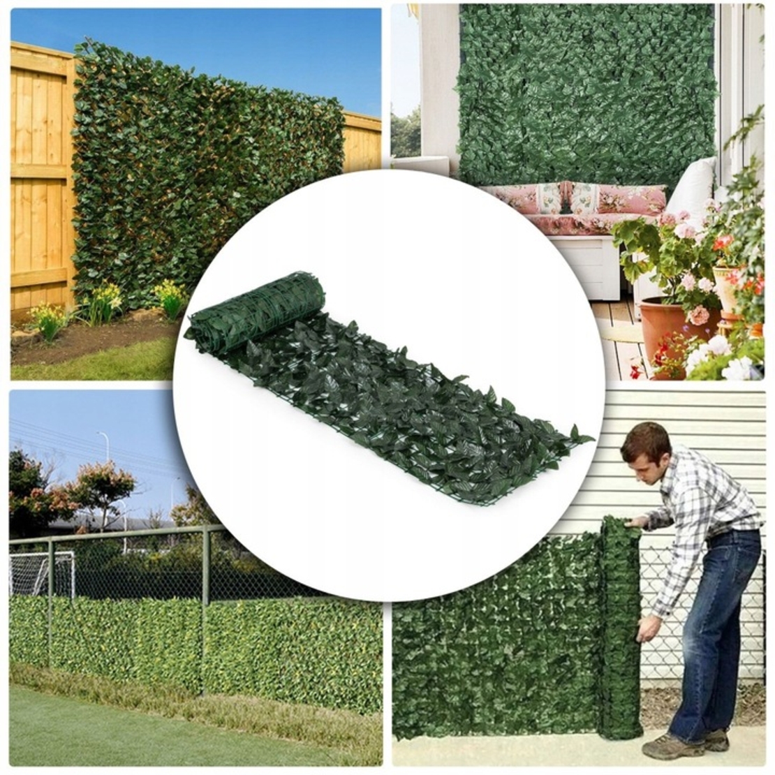 Gard artificial decorativ 50x500 cm, frunze ornamentale, protectie UV si intemperii, plastic PVC, verde inchis