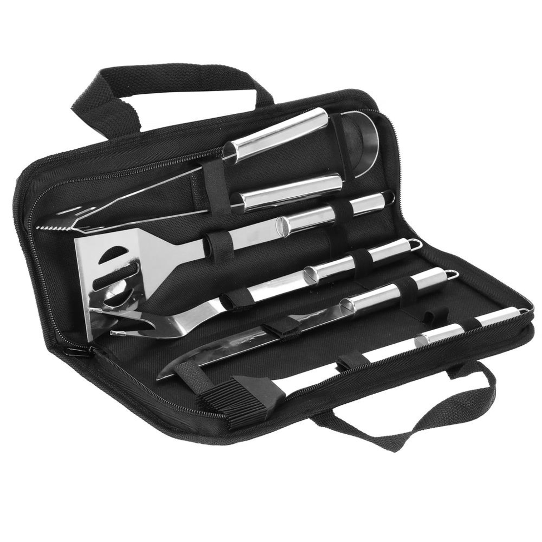 Set ustensile gratar 5 piese, inox, cu husa transport, 37x14x5 cm, argintiu