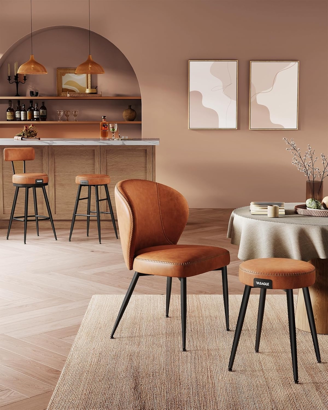 VASAGLE Set 2 scaune bar EKHO, tapiterie PU, cadru metalic, 50x50x63 cm, maro caramel