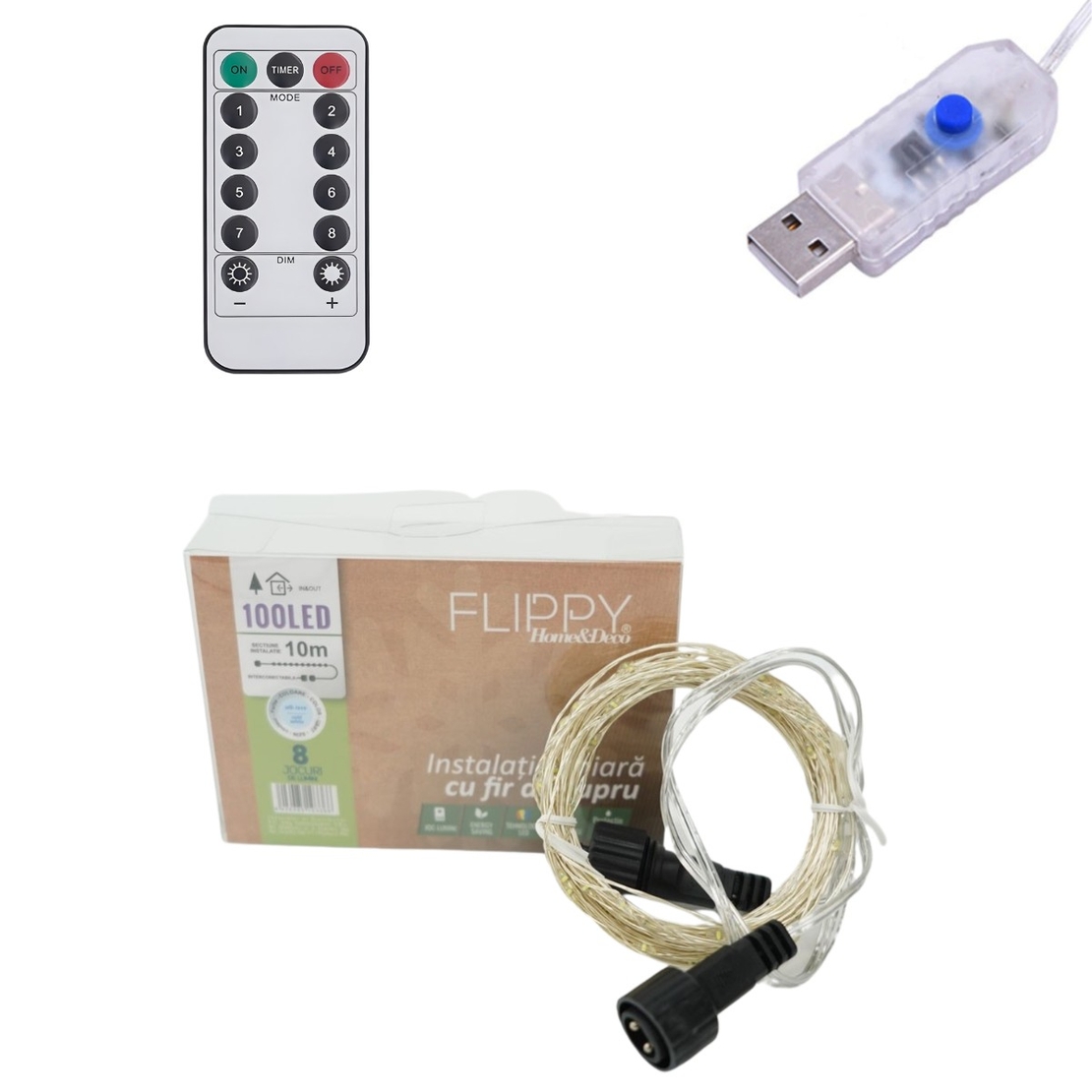 Instalatie de Craciun Liniara, Vafy®, Tip Liniara, Fir Cupru, 8 Jocuri de Lumini, cu Telecomanda, 10 m, 100 Led-uri, Alimentare USB, 4.5V, Alb Rece