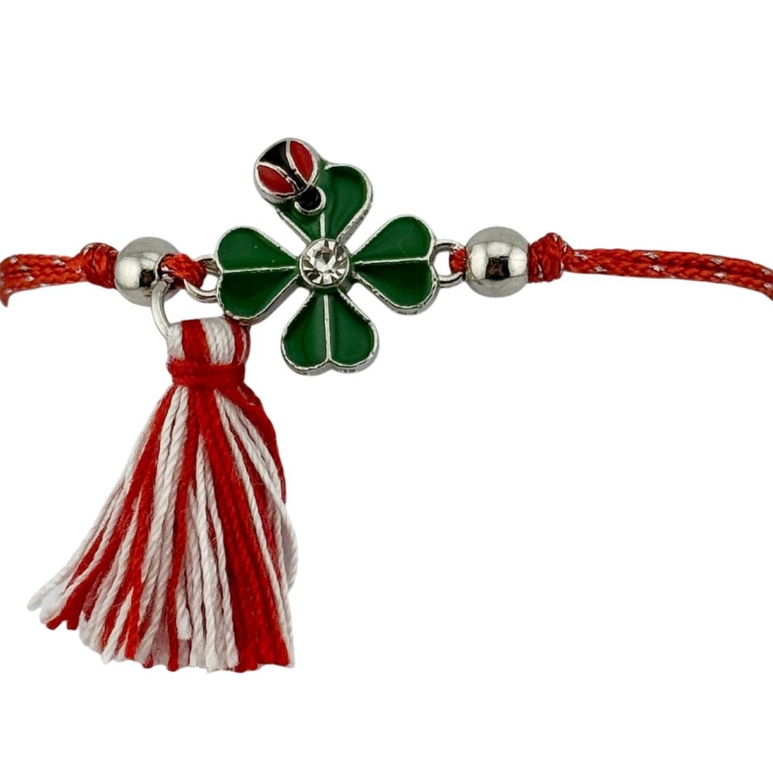 Martisor Bratara cu Ciucure pentru Dama, Jolie, Model Trifoi Verde cu Buburuza, Set 12 bucati, Pandativ din Inox cu Piatra, Snur Reglabil, Rosu/Alb
