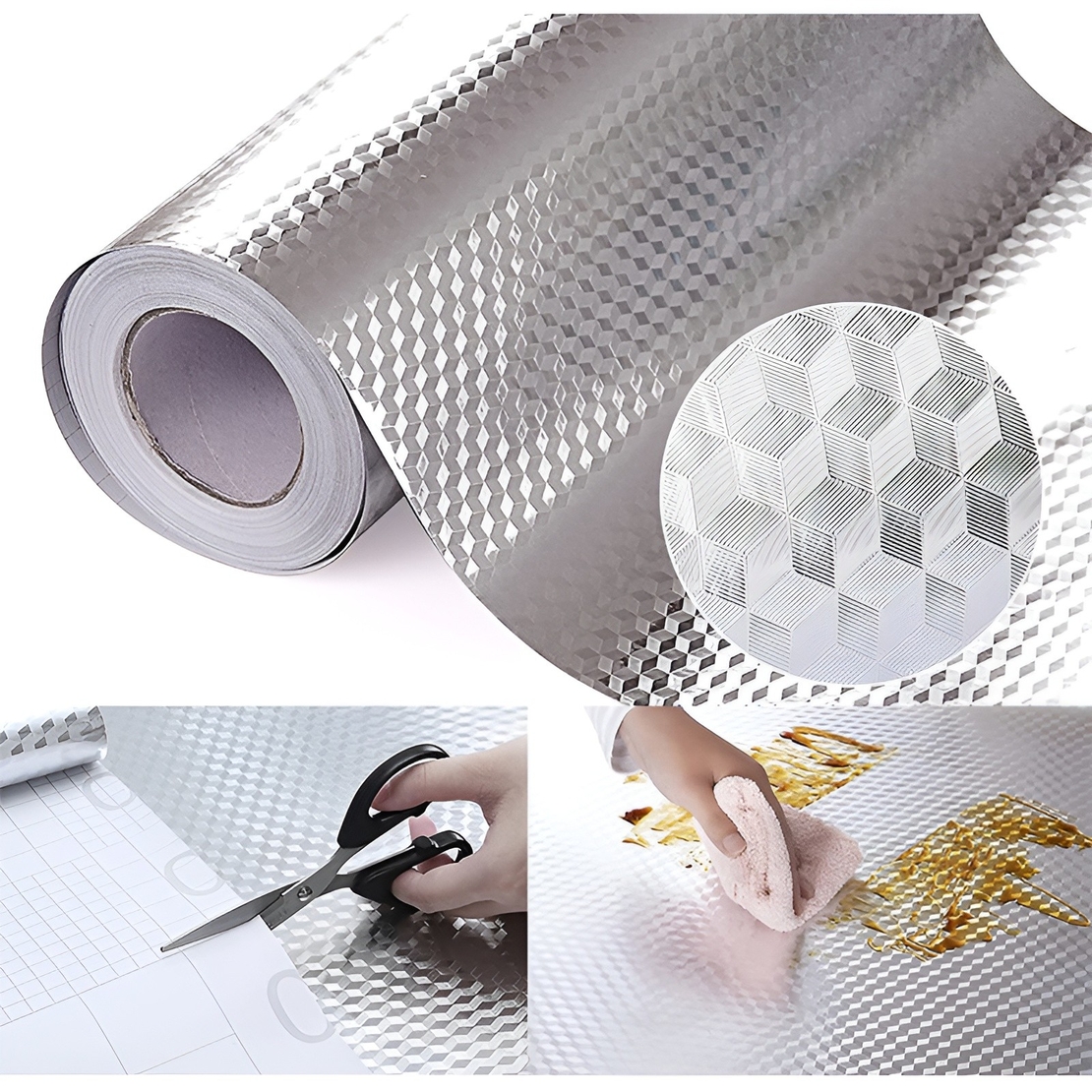 Autocolant pentru Bucătărie, Flippy, Tip Folie de Aluminiu, Rezistent la Ulei, Umezeală, Temperaturi Inalte, pentru Dulapuri, Perete, Blat, Argintiu, 60cm x 1m
