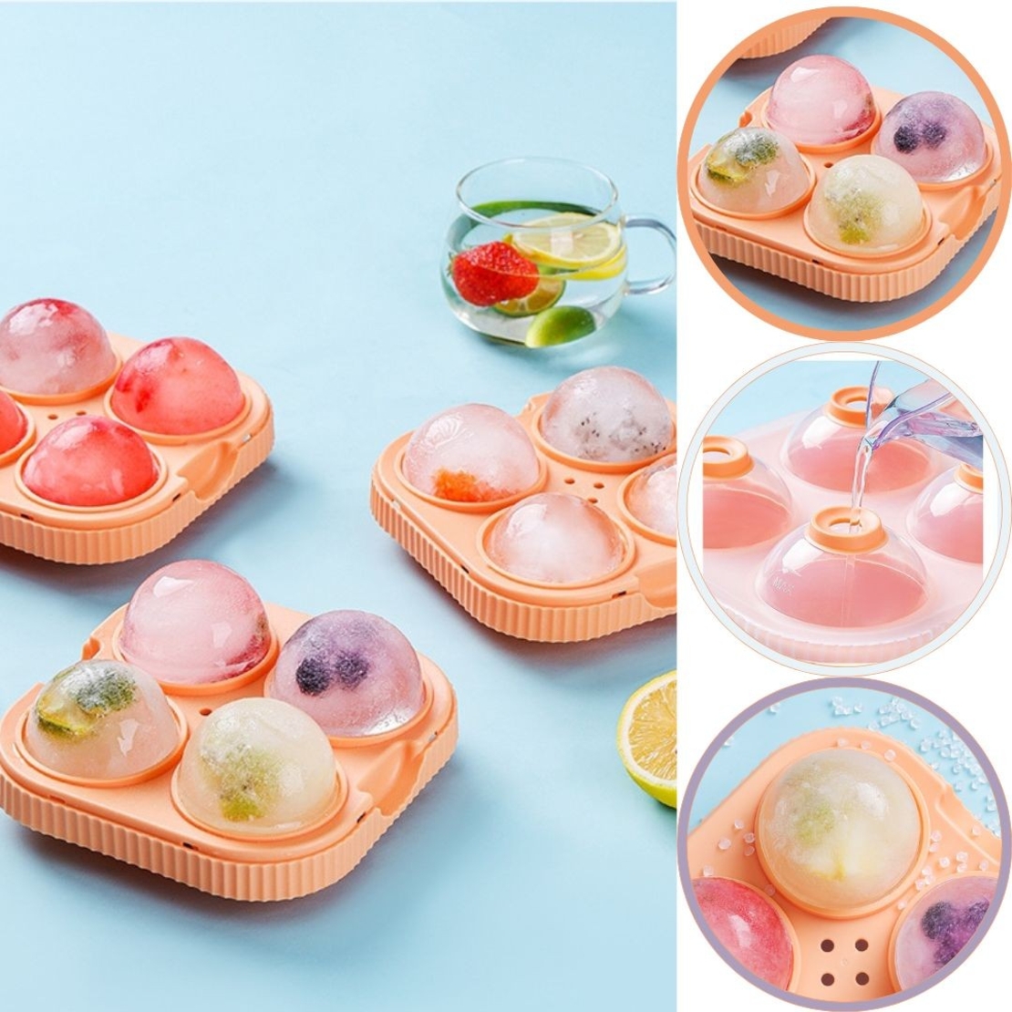 Forma Sfere de Gheata pentru Wiskey si Cocktail-uri Flippy, 4 Sfere, Material Plastic/Silicon Alimentar, Diametru 6.5 cm, cu Orificiu Tip Palnie pentru Umplere, 17 x 17 x 7 cm, Portocaliu