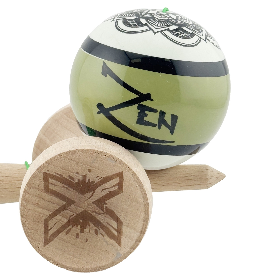 Kendama X Zen Series Originala, Profesionala, Flippy, Cupe Mari KING SIZE V3, Super Sticky, Gaura in Baza, Rulment Metalic, din lemn 18 cm, Ata 62/65 cm, Verde