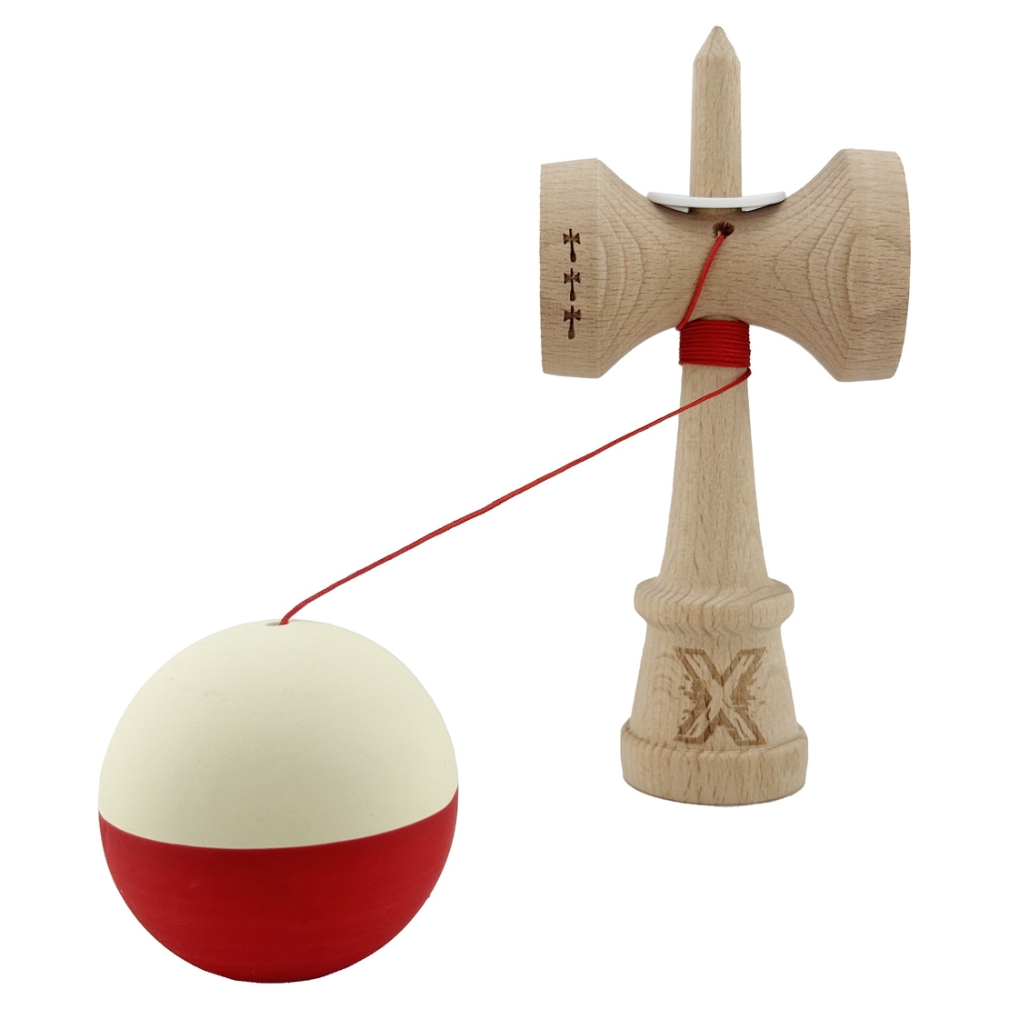 Kendama X Originala, Profesionala, Flippy, Rubber Grip, Cupe Mari KING SIZE V3, Gaura in Baza, Rulment Metalic, din lemn 18 cm, Ata 62/65 cm, Bicolor Galben/Rosu