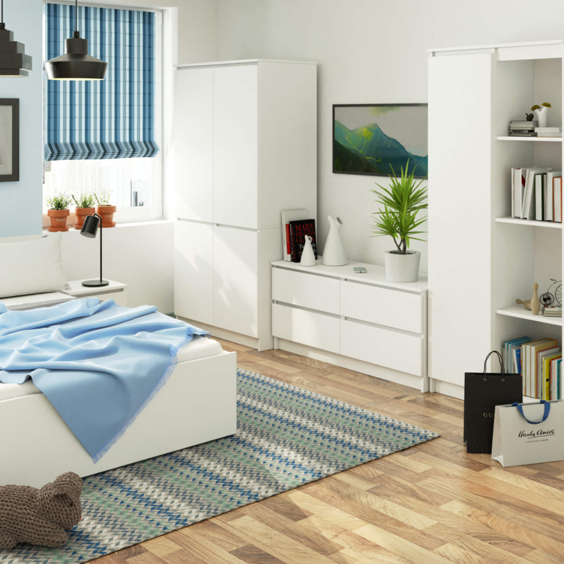 Dulap cu 4 usi, rafturi si bara pentru umerase, PAL laminat, 90x51x180 cm, alb mat