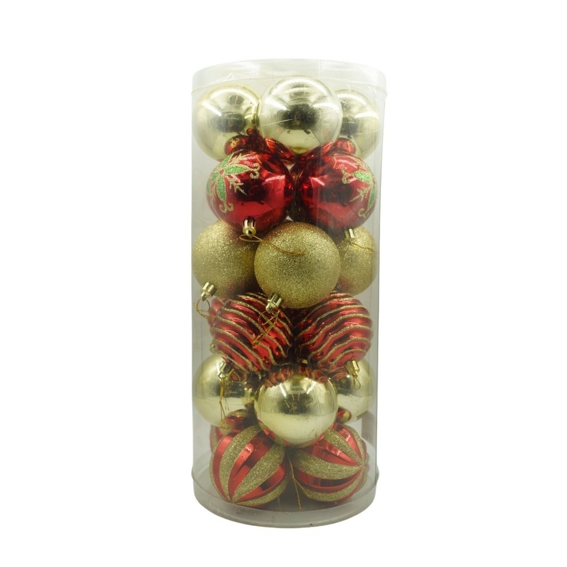 Set de 24 ornamente de brad, Flippy, de tip Glob, Rosu/ Auriu, cu ø de 7 cm, din plastic, cu finisaj sclipitor , cutie 16 cm lungime x 36 cm inaltime x 16 cm adancime