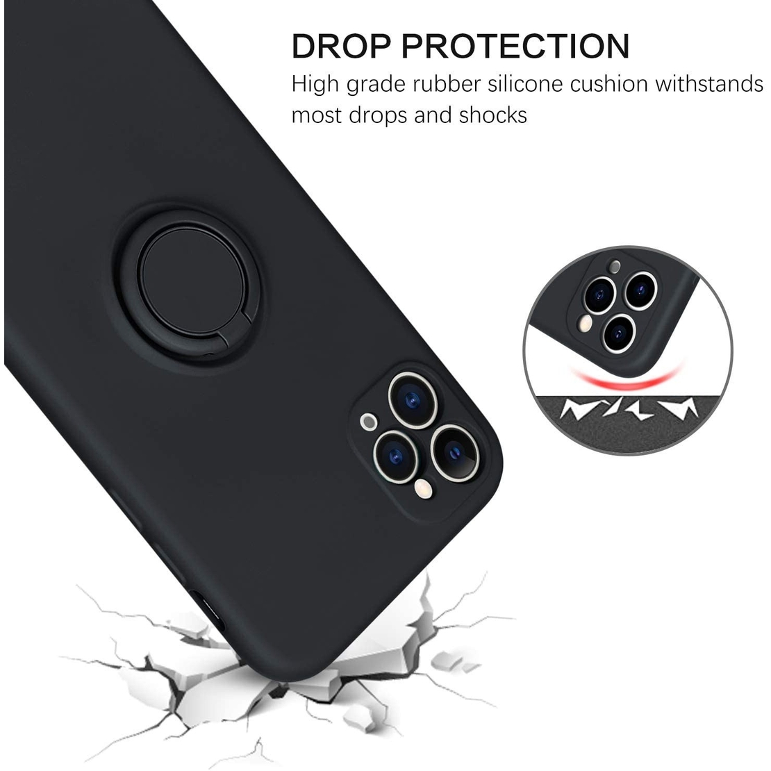 Husa protectie Vafy compatibila cu Apple iPhone 11 Pro Max Liquid Silicone Ring cu suport rotativ Negru