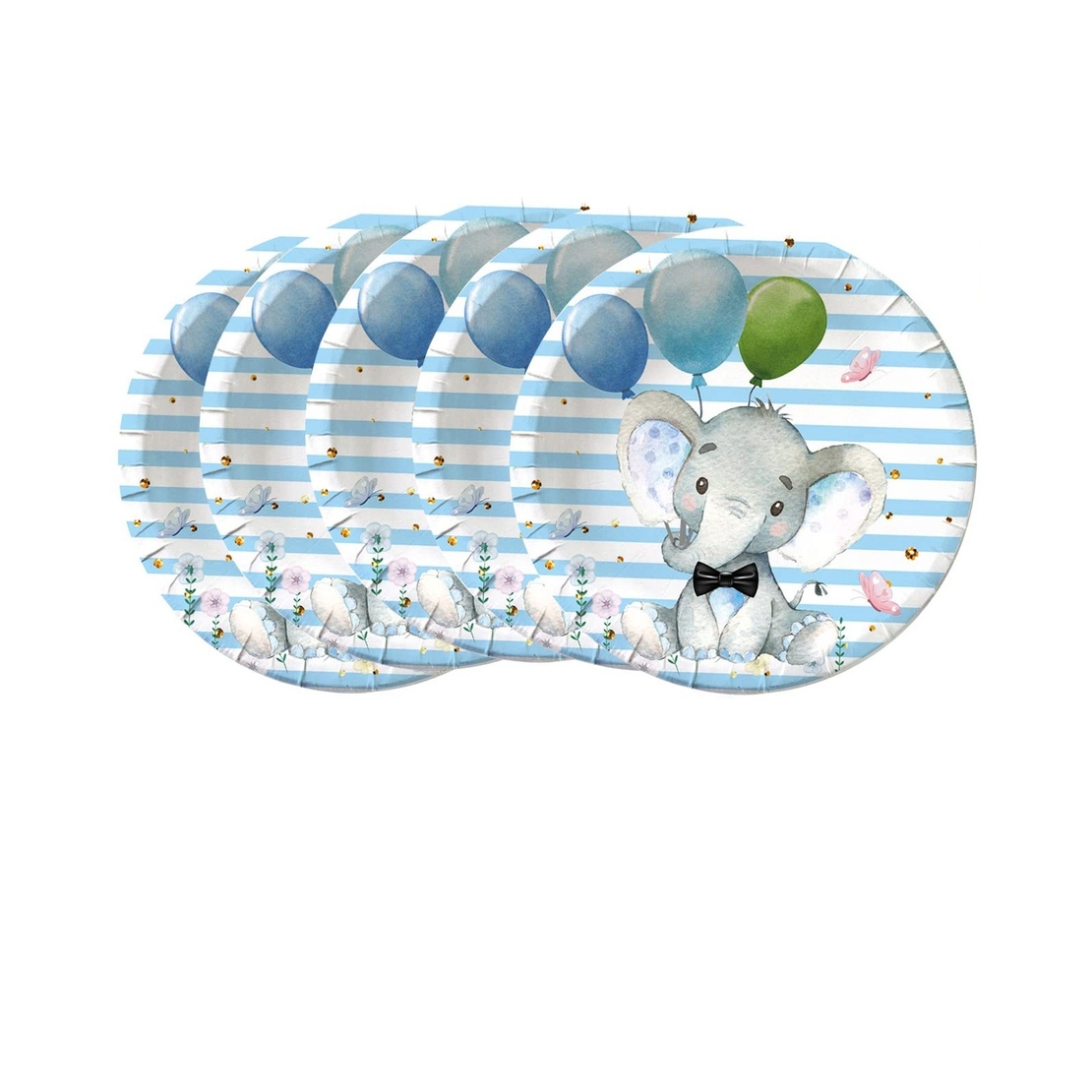 Set 10 Farfurii Unica Folosinta, Flippy, Imprimeu Elefant, din Carton, 17 cm, Albastru
