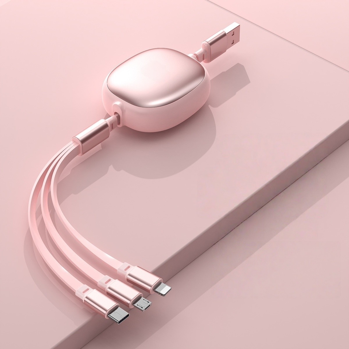 Cablu Retractabil Universal pentru Telefon, Flippy, Universal 3in1 pentru Orice Tip de Telefon, Micro-USB, Lightning, TYPE-C, 1.2M, Roz