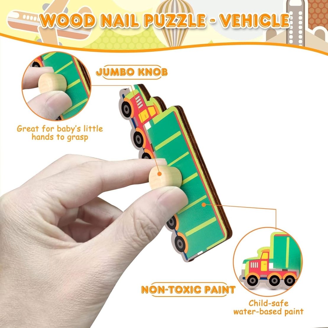 Puzzle Montessori din Lemn pentru Copii, Flippy, 0-3 Ani, 3D, Model Transporturi, Educativ, Intuitiv, Creativ, 9 Piese, 30x22.5x0.8 cm, Multicolor