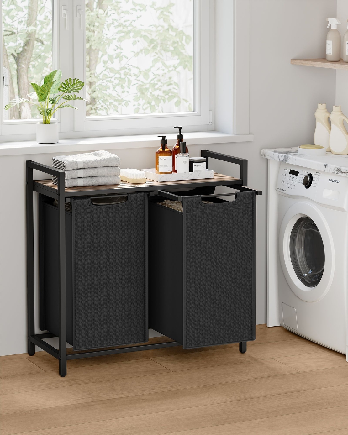 VASAGLE Cos de rufe, 2 compartimente, saci de rufe detasabili, raft, cadru metalic, 2x46L, 73x33x72 cm, maro si negru