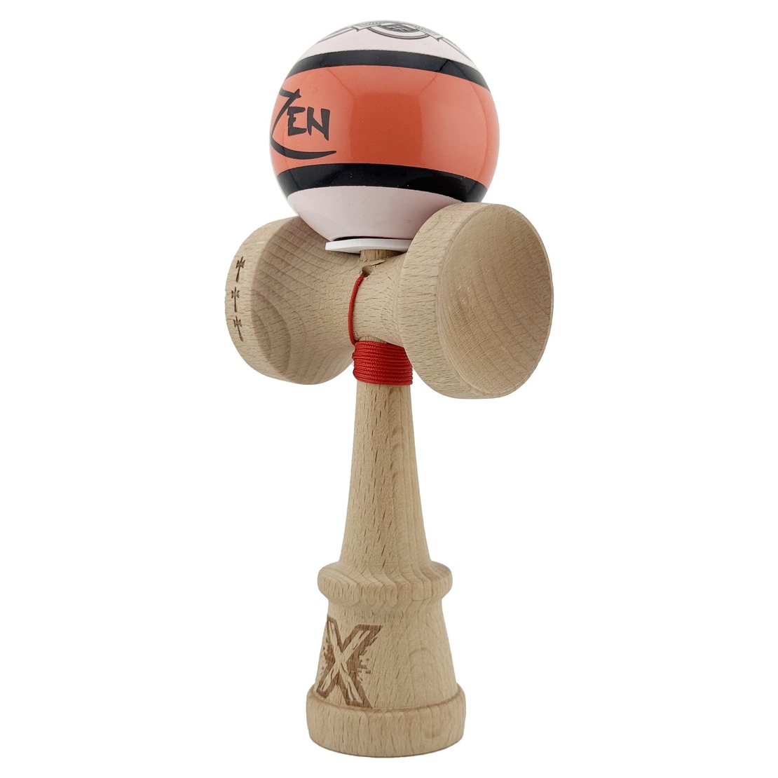 Kendama X Zen Series Originala, Profesionala, Flippy, Cupe Mari KING SIZE V3, Super Sticky, Gaura in Baza, Rulment Metalic, din lemn 18 cm, Ata 62/65 cm, Coral