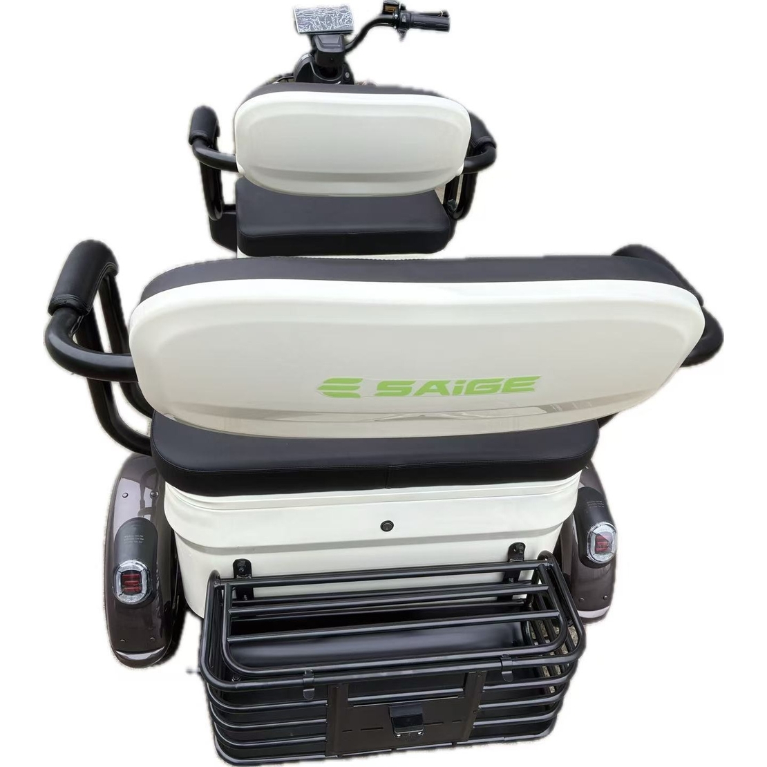 Triciclu Electric V6, Saige, Fara Permis, cu Doua Locuri, Motor 1800W, Baterie 72V24Ah, Autonomie 60km, 220x88x105 cm, Viteza Maxima 25km/h, Alb Coffee