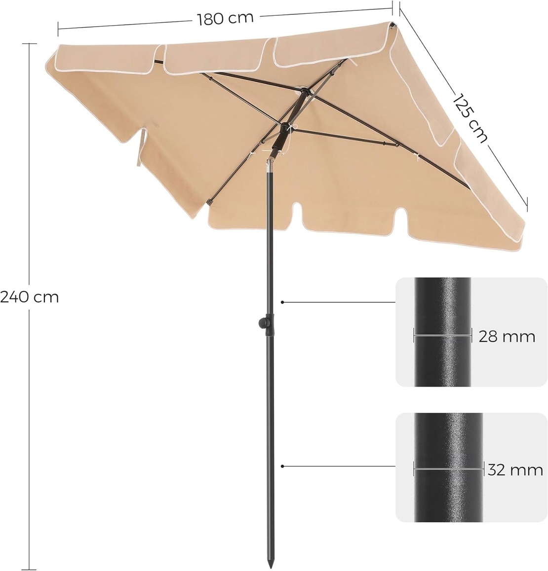 SONGMICS Umbrela terasa gradina sau plaja, inclinare 2 directii, protectie UV UPF 50+, 180x125 cm, maro taupe
