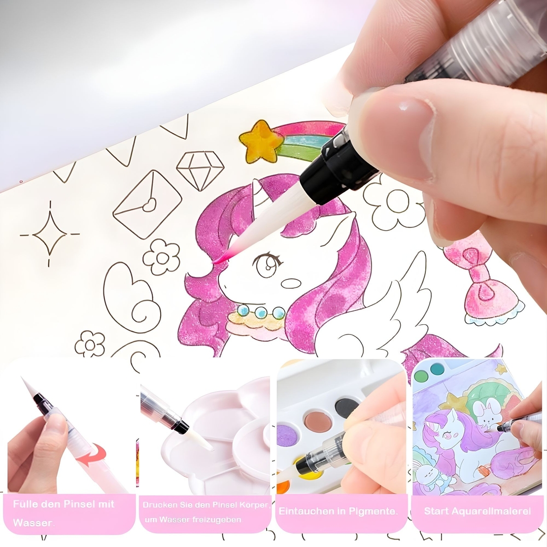 Carte de Colorat cu Acuarela, Flippy, Model Unicorn, 20 Foi de Carton 200 gr, 12 Culori, 1 Pensula, 15.7 x 18.8 x 1.8 cm, Mov