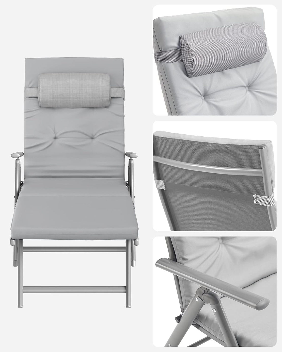 SONGMICS Sezlong pliabil, cu saltea groasa si tetiera, spatar reglabil, maxim 150kg, 183x60x39cm, gri
