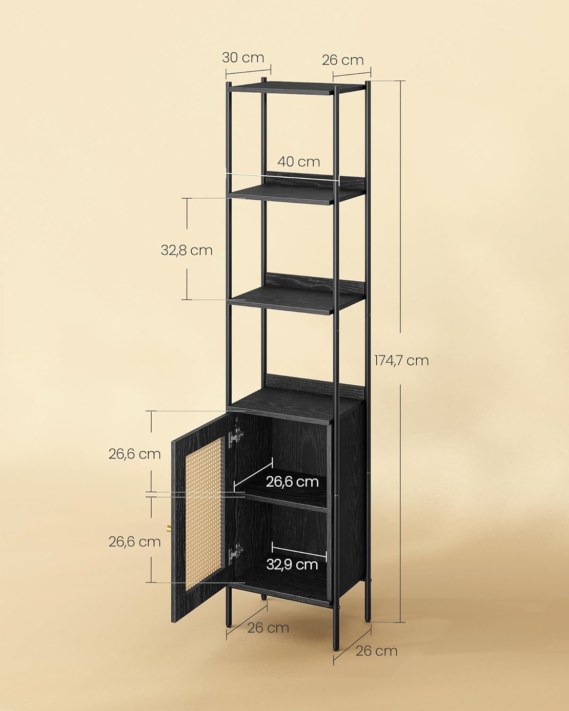 VASAGLE Biblioteca cu 6 etaje, cadru metalic, usa cu efect ratan Boho, 30x40x175 cm, negru