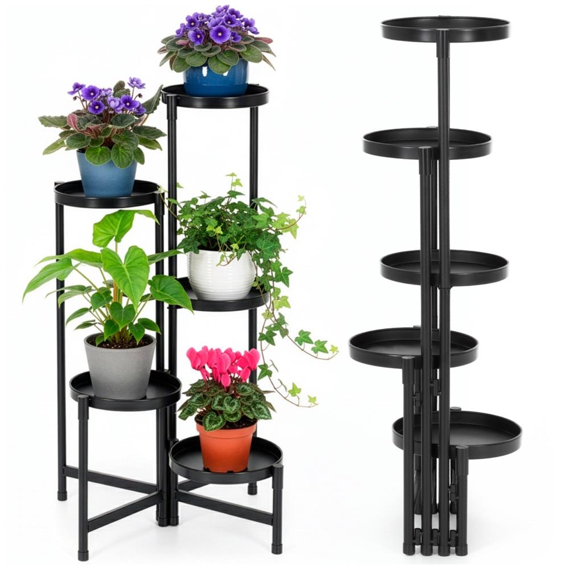 Suport metalic pentru flori cu 5 niveluri, structura pliabila, 48x48x79 cm, negru