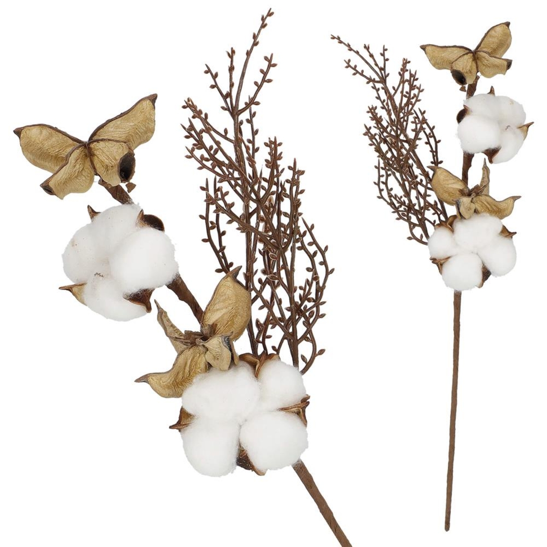 Ramura decorativa Craciun cu bumbac si plante uscate, 37 cm, alb/maro