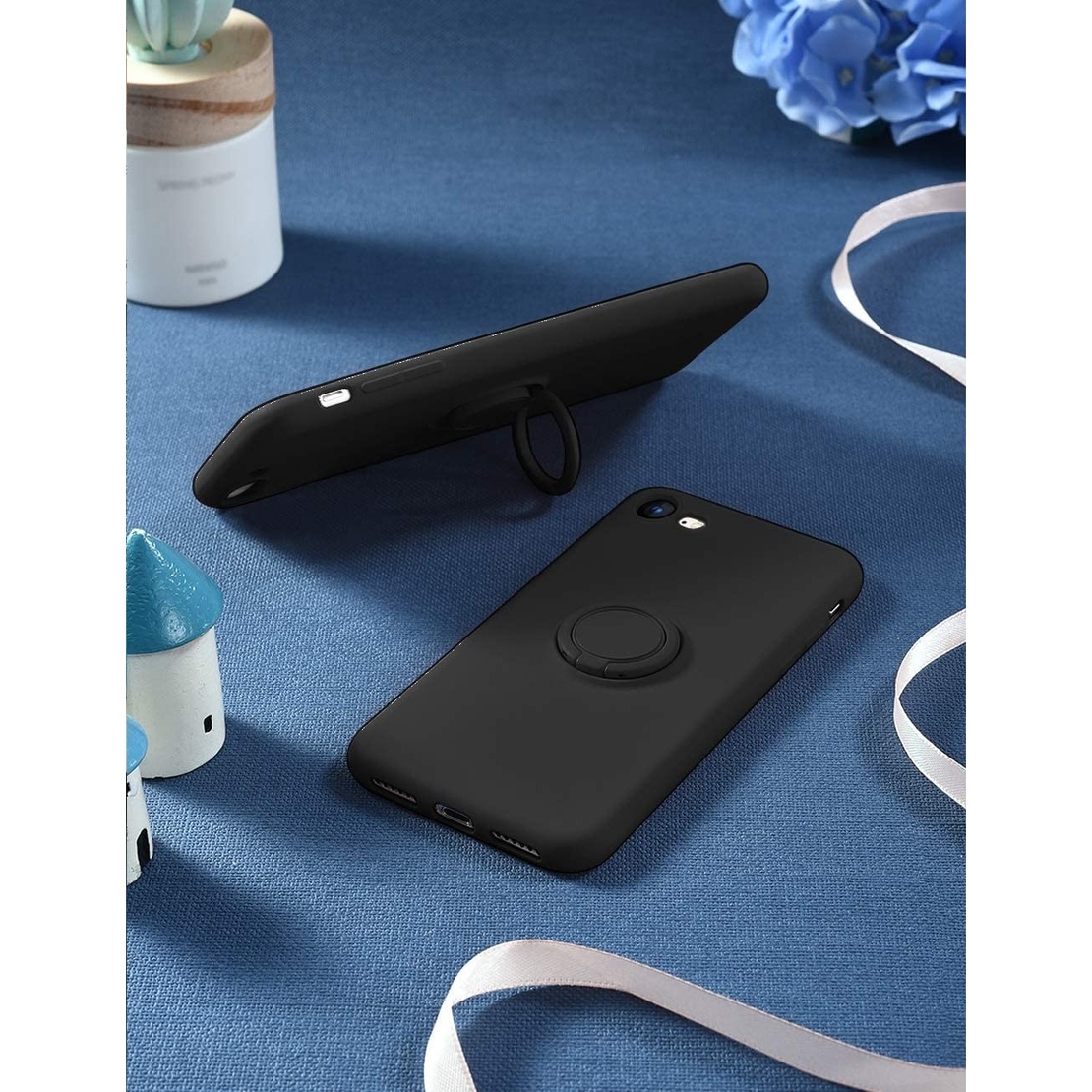 Husa protectie Vafy compatibila cu Apple iPhone 7/8/SE 2020 Liquid Silicone Ring cu suport rotativ Negru