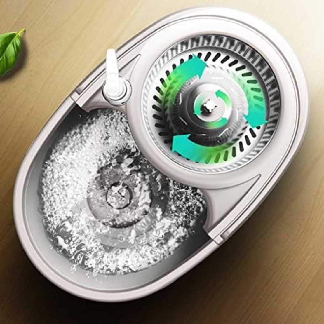 Set Galeata si Mop Rotativ 360°, Flippy, Cu Dubla Actiune Centrifuga, Pentru Uz Casnic, Maner din Otel Inoxidabil Telescopic, 2 Capte din Bumbac, 46x27x29 cm, Alb