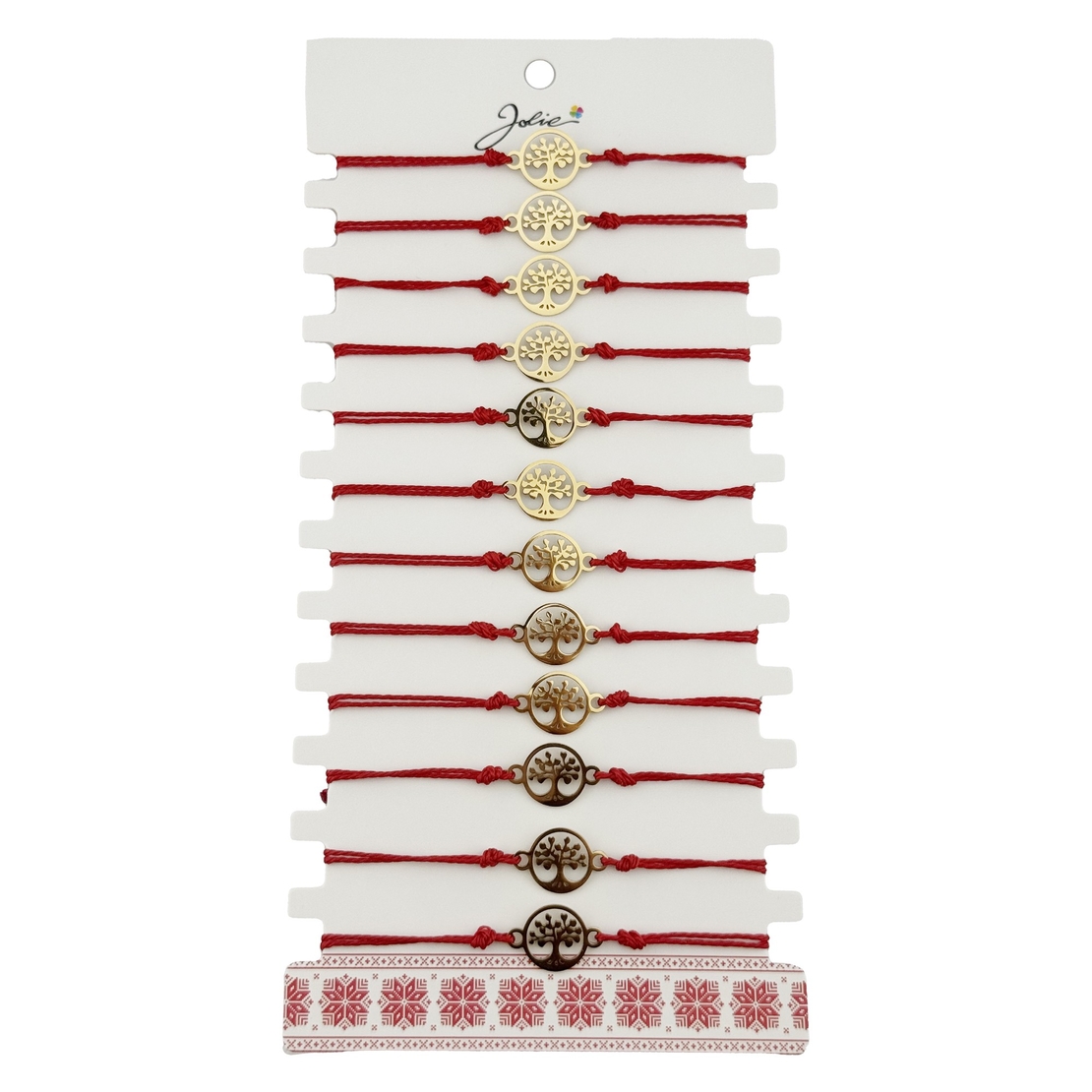 Bratara Martisor pentru Dama, Jolie, Model Copacul Vietii, Set 12 bucati, Pandativ Auriu din Inox cu Snur Rosu Ajustabil