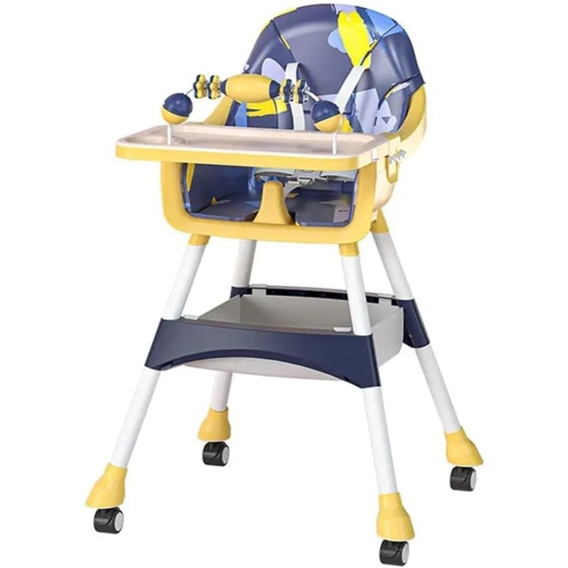 Scaun de Masa 2in1, Flippy, pentru Copii de la 6 luni - 5 Ani, Inaltime Reglabila, Centura in 5 Puncte, Tava de Masa, Roti cu Frana, Cos Depozitare, Jucarie Inclusa, 94 x 78 x 60 cm, Albastru/Galben