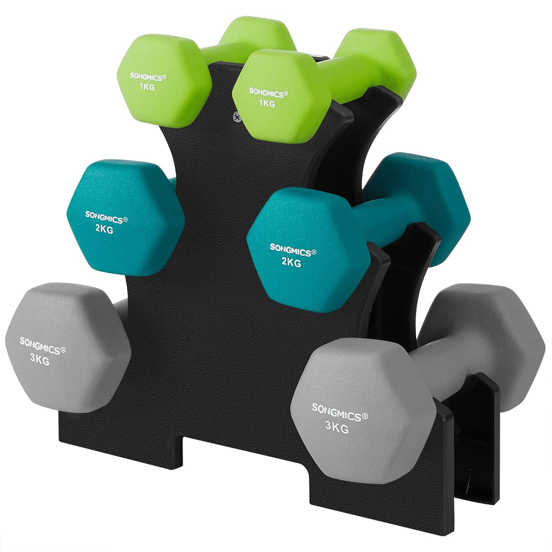 SONGMICS Set de 6 gantere hexagonale cu suport, 2x1kg 2x2kg 2x3 kg, multicolor